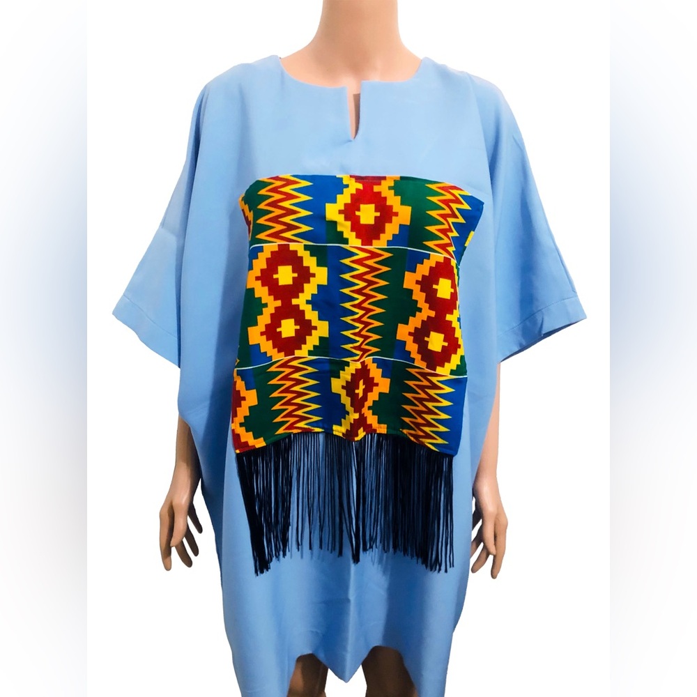 Blue Oversized Chiffon African Dress With Front Kente Patchwork
